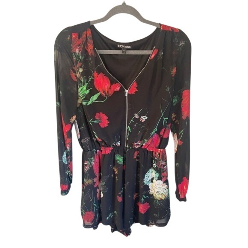 Express Black Floral Long Sleeve Zipper Romper Jumpsuit Women's